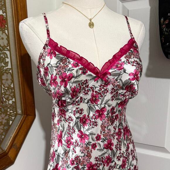 Y2K Adonna White & Pink Whimsy Floral Satin Ruffle Trim Mini Lingerie Slip Dress - Picture 2 of 7